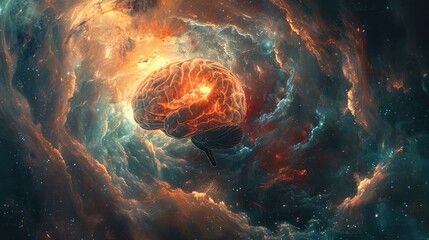 Minds Cosmic Union Brain Emerging from Swirling Vortex of Energy - obrazy, fototapety, plakaty