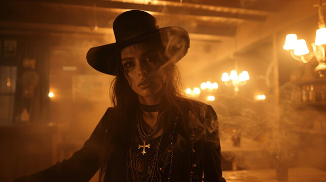 In a dimly lit saloon the Crimson Cowgirl glides through the smoky haze with a haughty swagger. The Gothic crosses dangling from her neck glint in the flickering light .