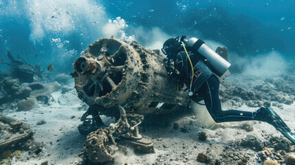 A man wearing a wet suit is diving next to a shipwreck, exploring the underwater structure with diving equipment