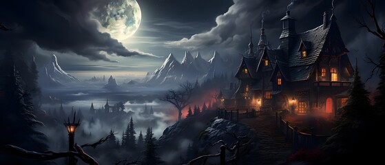 Fantasy landscape with old wooden house in the forest at night in full moon light