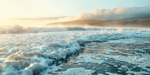 Incredible foamy sea waves. Volcanic hills in the background. - obrazy, fototapety, plakaty