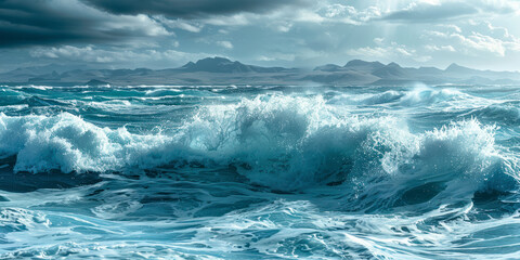 Incredible foamy sea waves. Volcanic hills in the background.