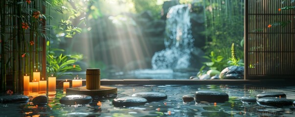 Serene spa setting with tranquil water, glowing candles, and lush bamboo