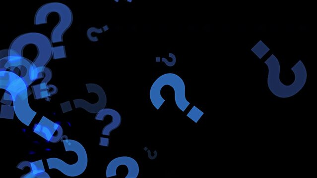 Blue question marks sign moving right on black alpha background