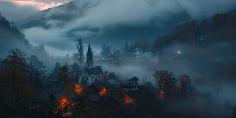 Mountains in fog with beautiful house and church at night in autumn. - obrazy, fototapety, plakaty