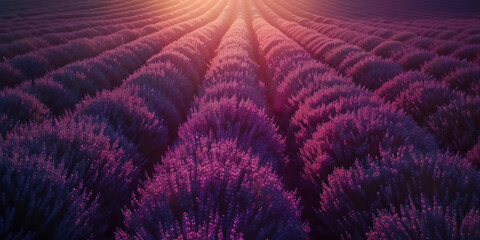 Sunset over a violet lavender field. France lavender fields.