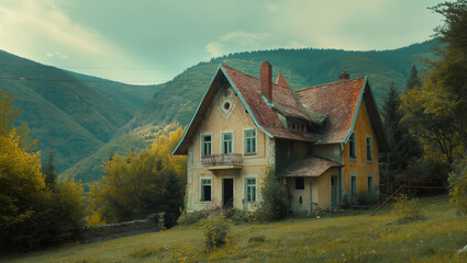 Abandoned eastern european railway station up in the mountains. Generative AI