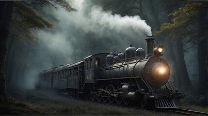Fototapeta premium Old Steam Train Passing Dark Creepy Forest
