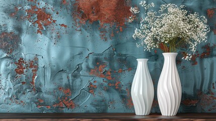   Two white vases display baby's breath against a blue-red wall with peeling paint