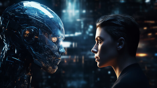 robot and human face to face, humanoid and woman, AI science and technology. Wall Art Design for Home Decor, 4K Wallpaper and Background for Mobile Cell Phone, Smartphone, Cellphone, desktop Computer