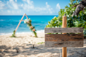 triangular wedding gate on a beautiful beach with palm trees by the ocean and a wooden sign in the boho style for a wedding, generartive AI