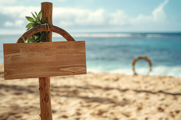 round wedding gate on a beautiful beach with palm trees by the ocean and a wooden sign in boho...