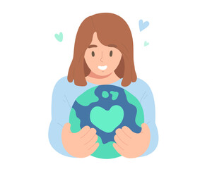 Woman carefully holding the Earth with green heart. Concept of celebrating Earth Day, environmental care and protection, save our planet, eco system, eco friendly. Flat vector illustration character.