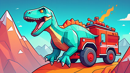 A smiling dinosaur drives a fire truck up the mountain, for a coloring book