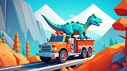 A smiling dinosaur drives a fire truck up the mountain, for a coloring book