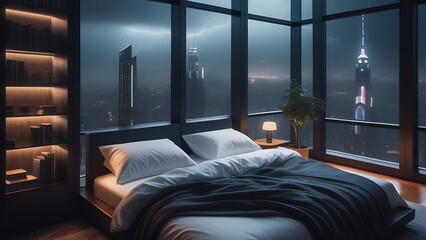 moody aesthetic, beautiful cozy, cramped bedroom with floor to ceiling glass windows overlooking a cyberpunk city at night