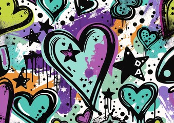 closeup heart stars pattern splashed graffiti background black irreverent characters first love illustrator chaos visible color bleeding