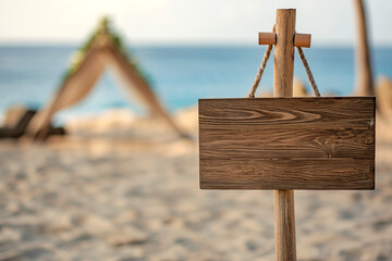 triangular wedding gate on a beautiful beach with palm trees by the ocean and a wooden sign in the...