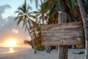 Fototapeta premium wooden plaque with a place for an inscription on an exotic beach with palm trees for a boho style wedding, generative AI