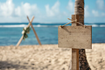 Fototapeta premium triangular wedding gate on a beautiful beach with palm trees by the ocean and a wooden sign in the boho style for a wedding, generartive AI