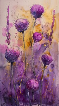 purple flowers painted background thistle scotland happy sunny day golden elements borders juicy brush strokes dry grass