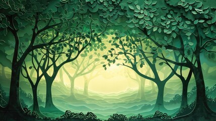 Papercut Forest Intricate Tree Silhouettes Embrace Serene Solitude in Green Hues