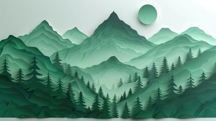 Papercut Style Mountain Range A Forest of Towering Peaks Radiating Natural Beauty