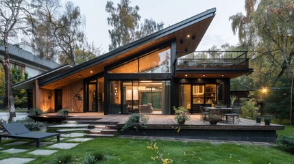 Obraz premium An elegant wooden cottage with a sloped roof and stunning design AI generated illustration