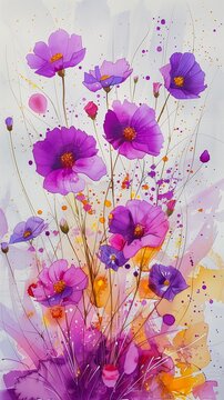 purple flowers vase paint splatters bright color blossoming rhythm meadows anemones pink shadows hibiscus