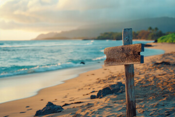 wooden plaque with a place for an inscription on an exotic beach with palm trees for a boho style wedding, generative AI