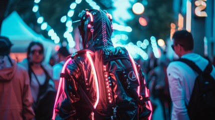Fototapeta premium Detail of a cyberpunk neon colored street performer attracting crowd AI generated illustration