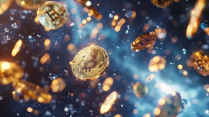 Naklejka premium Digital currency icons floating in space AI generated illustration