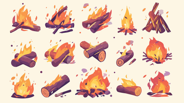 Collection of burning bonfires or campfires isolate