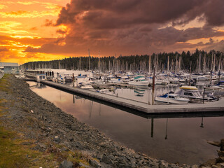 A sunset view of Townsite Marina and Newcastle Island Nanaimo, Vancouver Island, British Colombia,...