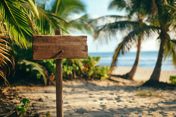 wooden plaque with a place for an inscription on an exotic beach with palm trees for a boho style wedding, generative AI