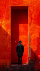 man black coat hat standing doorway red orange sunlight moody heaven gate devotion auburn woman vertical lines