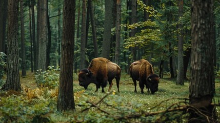 Fototapeta na wymiar European bison roaming in Bialowieza forest
