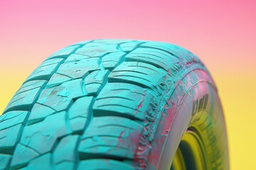A close-up of a pastel green tire against a gradient background transitioning from pink to yellow.