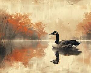goose floating lake trees background ash sepia color brush strokes empty daylight rusty calm feeling thin red deep - obrazy, fototapety, plakaty