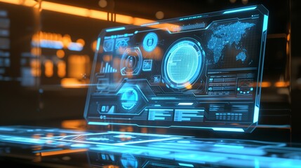 Futuristic Digital Interface with Data Analysis and World Map