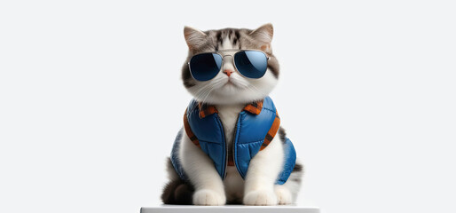 A cat wearing sunglasses and dressing on white background.