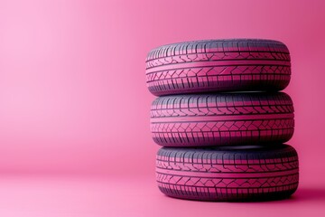 Fototapeta na wymiar Three tires stacked on top of each other against a pastel coral background with soft lighting.