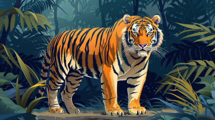 Digital art of a tiger standing alert in a dense, tropical jungle, rich with color and detail.