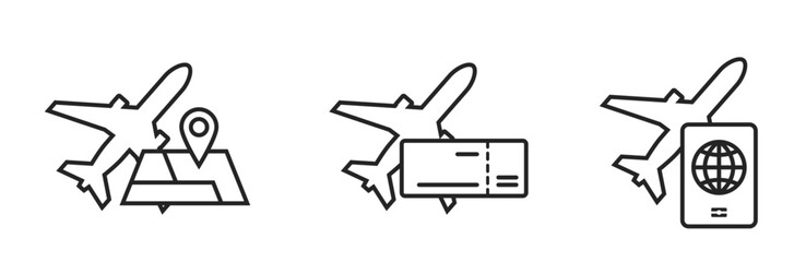 air travel line icons. map, passport, flight ticket and plane. vacation and journey symbols. isolated vector images for tourism design