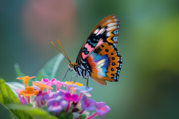 Obraz premium a beautiful colorful butterfly sits on a beautiful colorful flower, generative AI