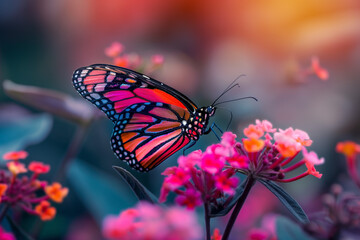 a beautiful colorful butterfly sits on a beautiful colorful flower, generative AI