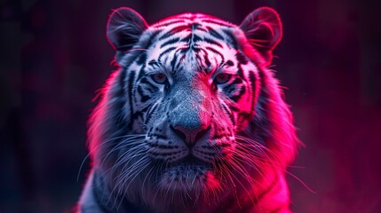 A portrait of a white tiger in low lighting on the animal's rugged outlines and distinctive features. Wild bleached tiger under aura of mystery and intrigue.