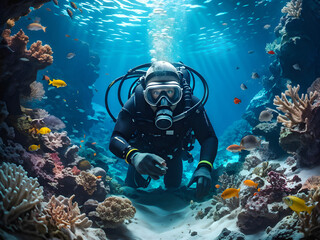 Beneath the Blue: Seeker's Gaze Uncovers Underwater Mystery. Seeker archetype. generative AI