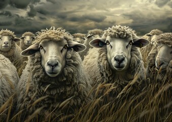sheep standing field tall grass achluophobia progressive rock album cover criminals stormy background journalistic alert - obrazy, fototapety, plakaty