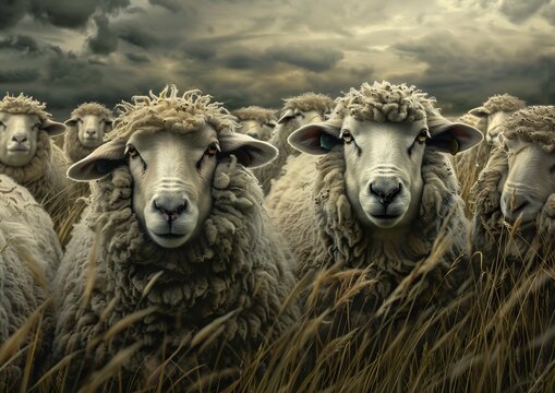 sheep standing field tall grass achluophobia progressive rock album cover criminals stormy background journalistic alert